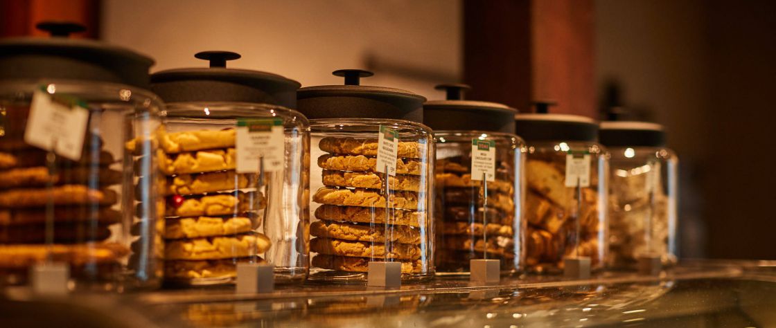 Close up of the biscuits in jars on the counter in the Dome Cafe in the Premier Mill Hotel