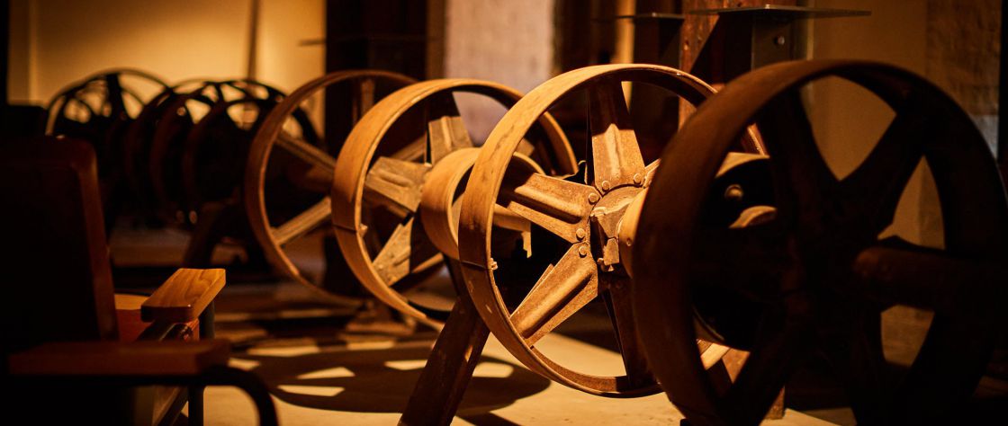 Close up of some old equipment which is now being used as decoration in the restored Premier Mill Hotel